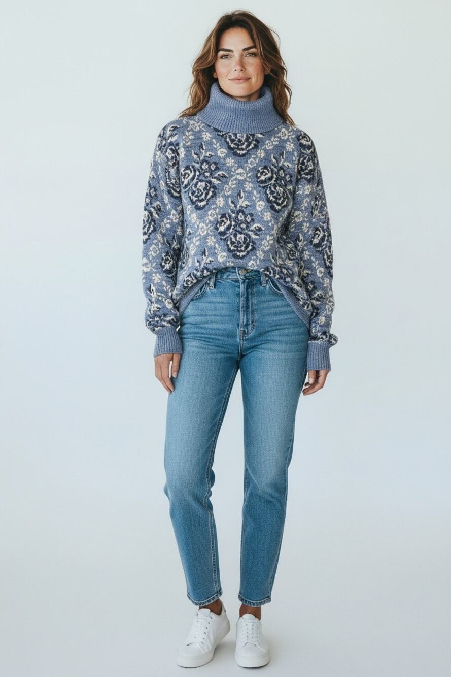 Vintage Delia McKain Floral Knit Turtleneck Sweater Blue White Rose Print S USA